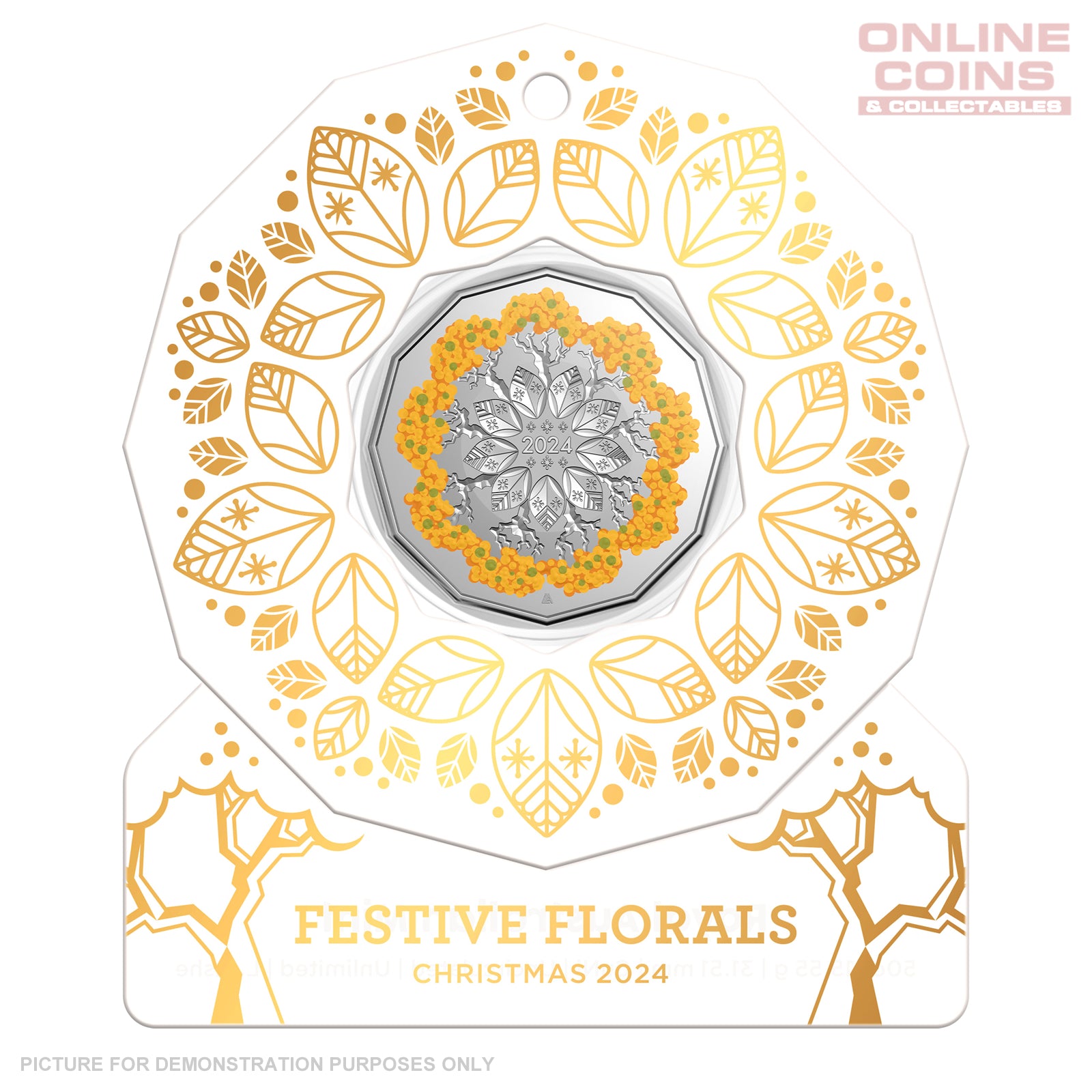 2024 50c CuNi Coloured Uncirculated Carded Coin - Christmas Decoration Festive Floral WHITE